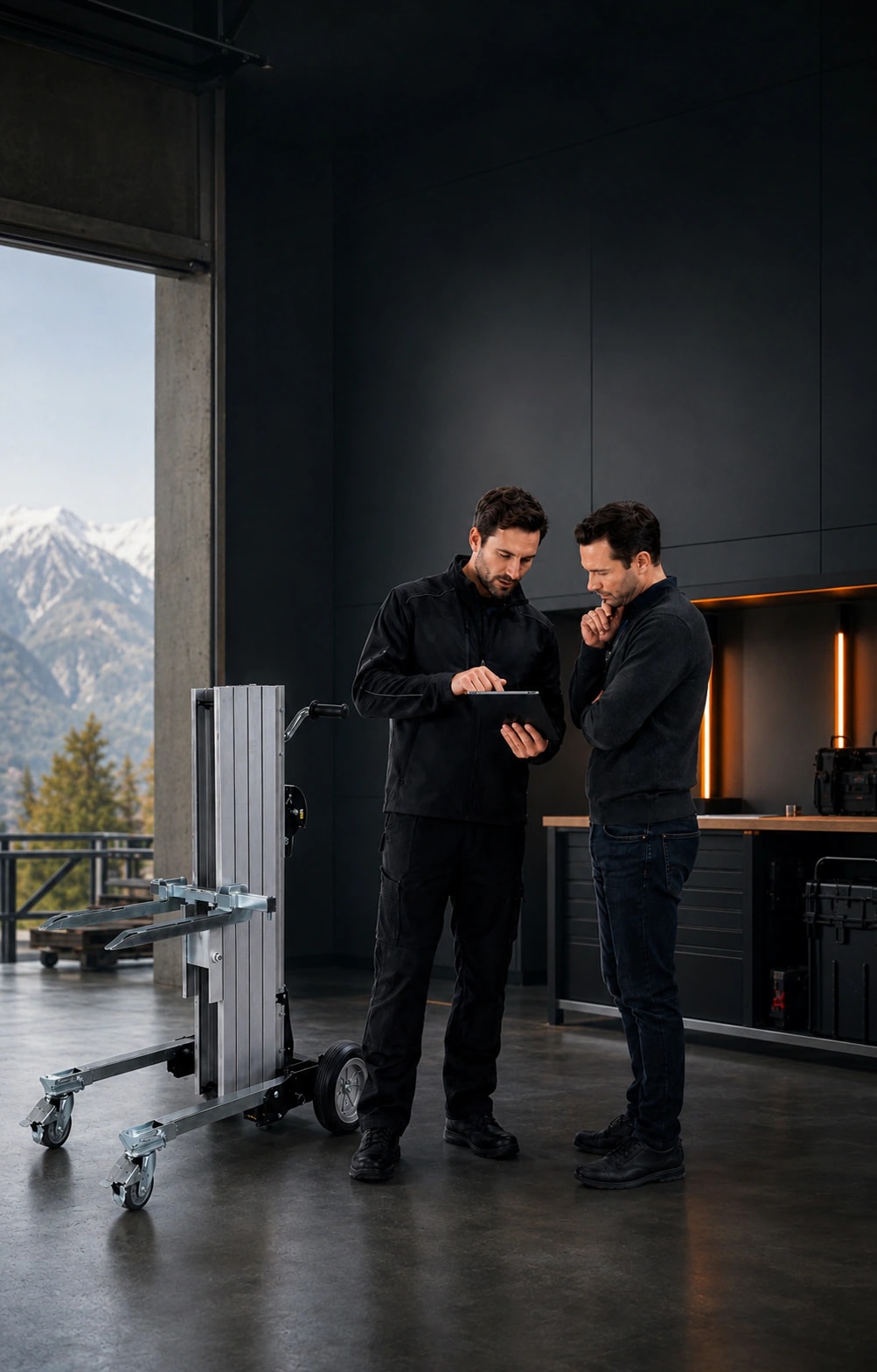 Two technical professionals reviewing a portable lifting configuration